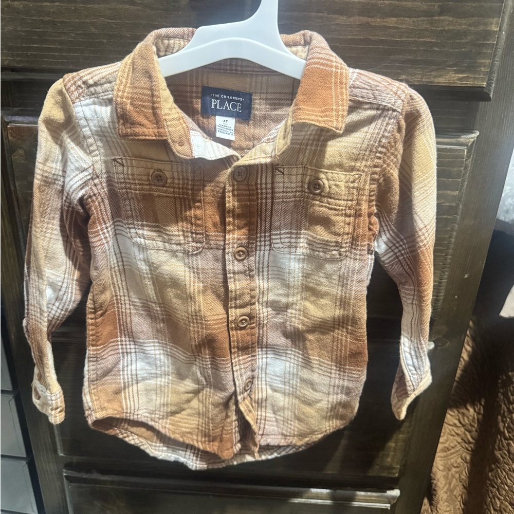 The Children's Place Tan and White Plaid Button Down Shirt
